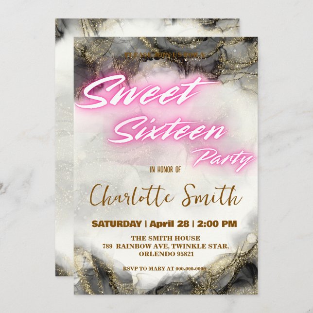 Elegante neón rosa retro Oro dulce 16 cumpleaños (Anverso / Reverso)