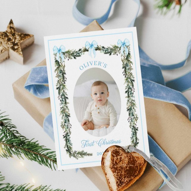 Elegante niño primera tarjeta de fotos de Navidad (Baby Boy First Christmas Photo Card)