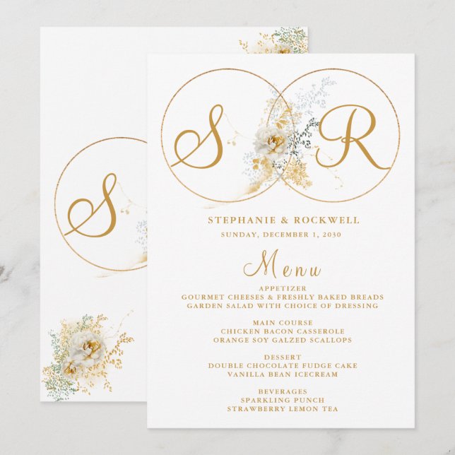 Elegante Nombre de Monograma Dorado Menú Boda inic (Anverso / Reverso)