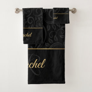 Elegante nombre floral negro y dorado Monograma Ba