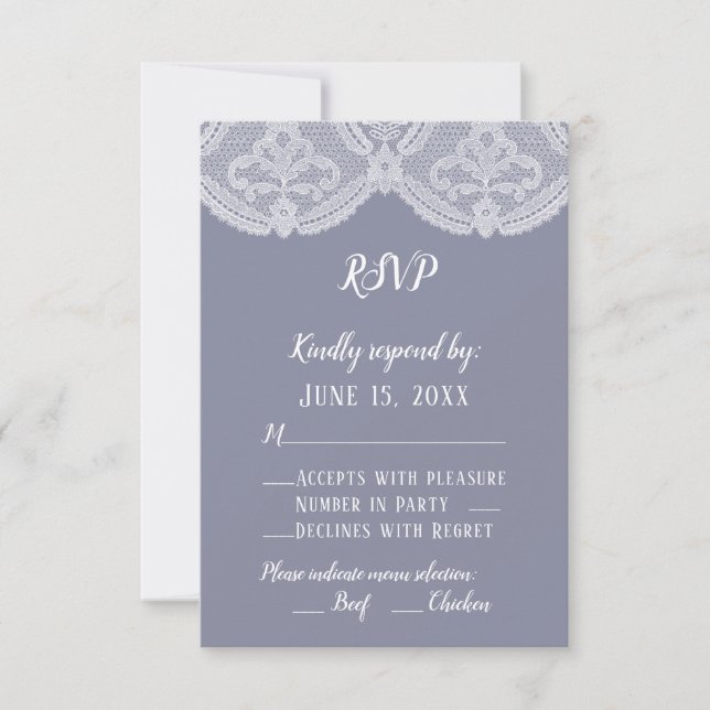 Elegante Nostalgic Lace Steel Blue Wedding RSVP (Anverso)