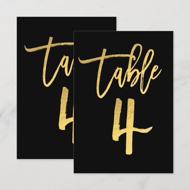 Elegante número de mesa 4 con lámina dorada y letr (Anverso / Reverso)