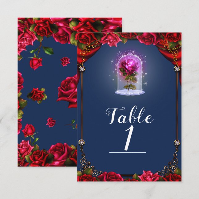 Elegante número de mesa azul con rosas rojas de cu (Anverso / Reverso)
