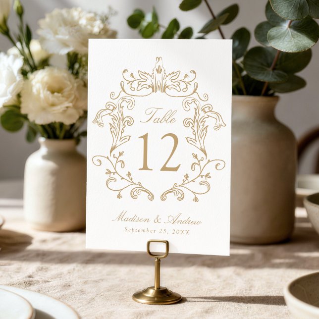 Elegante número de mesa de boda con cresta dorada (Subido por el creador)