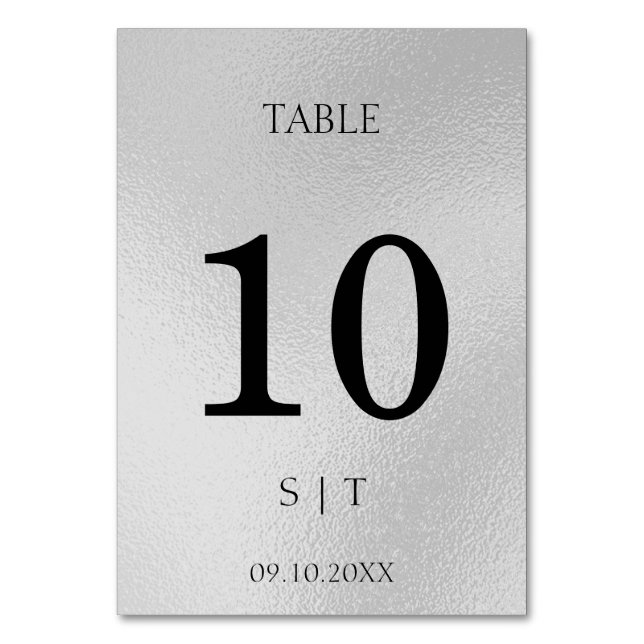 Elegante número de mesa de boda de plata (Anverso)