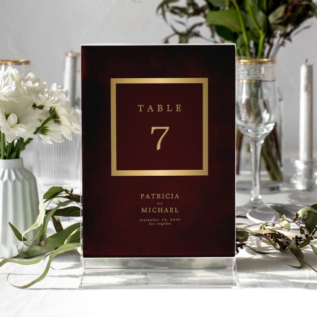 Elegante número de mesa de boda dorado burgundy mo (Subido por el creador)
