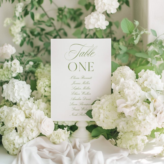 Elegante número de mesa de boda en verde y blanco  (Elegant Sage Green & White Wedding Table Number)