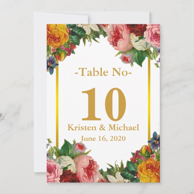 Elegante número de mesa de boda floral dorado pers (Anverso)
