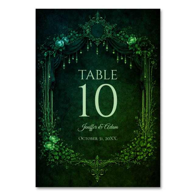 Elegante número de mesa de boda gótica esmeralda (Anverso)