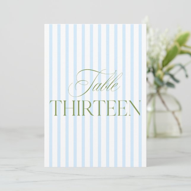 Elegante número de mesa de boda verde y azul 13 (Anverso de pie)