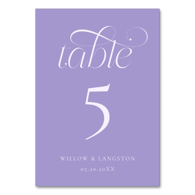 Elegante número de mesa de boda violeta (Anverso)