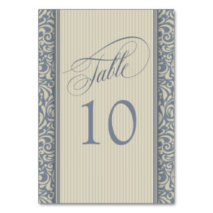 Elegante número de mesa de damasco azul y beige