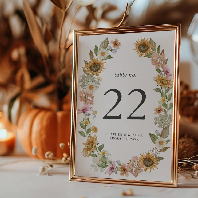Elegante número de mesa de girasol (Elegant Watercolor Sunflower Wildflower Decor Table Number by Painted Paperie
)