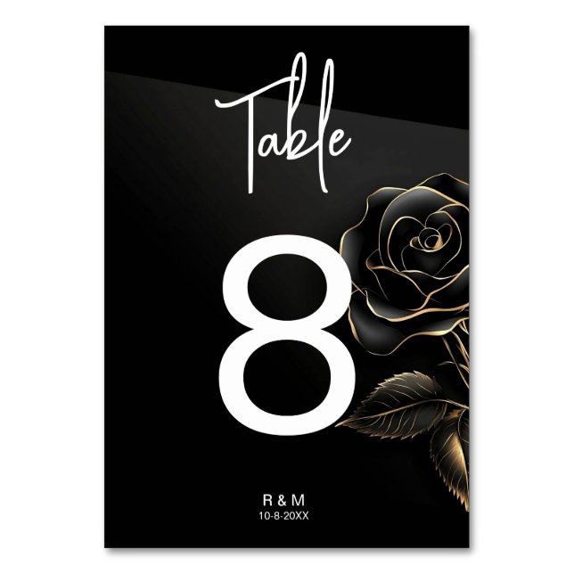 Elegante número de mesa de rosa negra y dorada (Anverso)