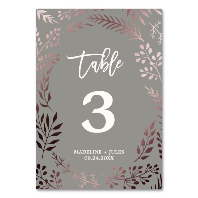 Elegante número de mesa Rosa de oro y Boda gris (Anverso)