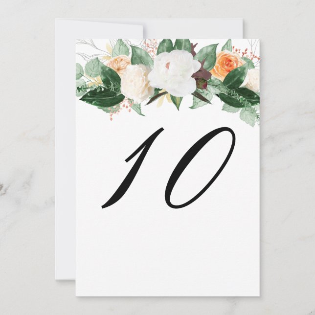 Elegante número de tabla de Boda floral blanco (Anverso)