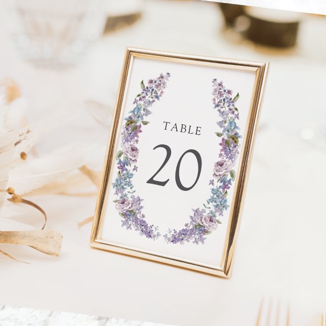 Elegante número de tabla de Bodas Lilac (Elegant Watercolor Lilac Floral  Wedding Table Number by Painted Paperie
)