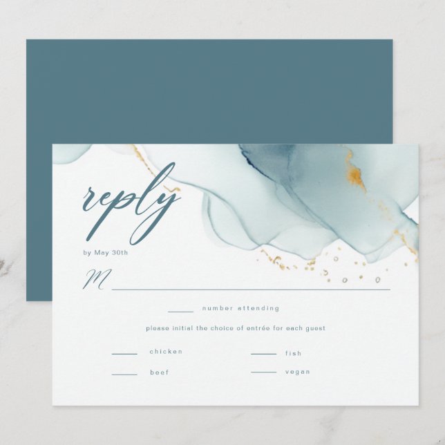 Elegante Ocean Beach Dusty Blue Boda Meal RSVP (Anverso / Reverso)