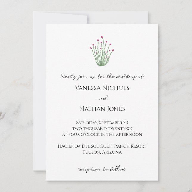 Elegante Ocotillo Rosa Cactus Invitación a la Boda (Anverso)