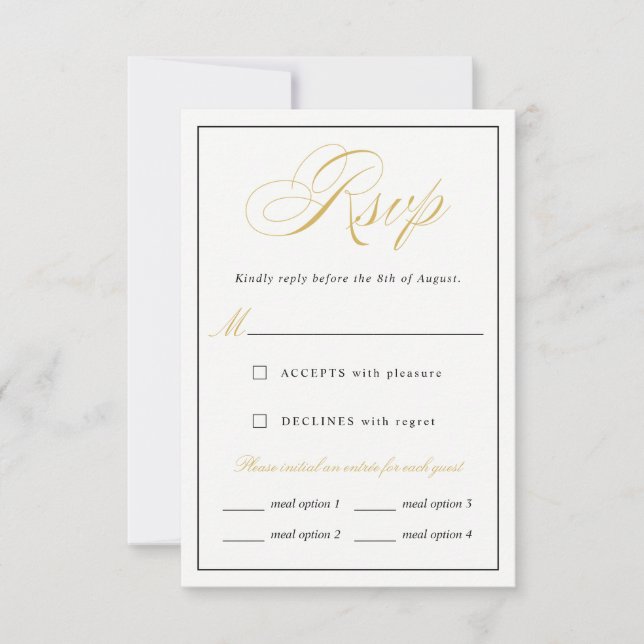 Elegante opciones de menú RSVP con guión de oro ve (Anverso)