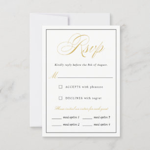 Elegante opciones de menú RSVP con guión de oro ve