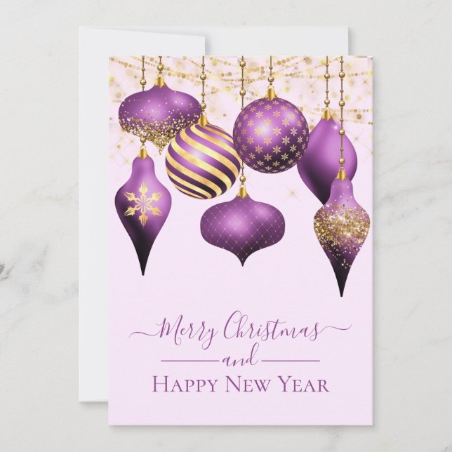 Elegante Ornamentos de oro morado Tarjeta navideña (Anverso)