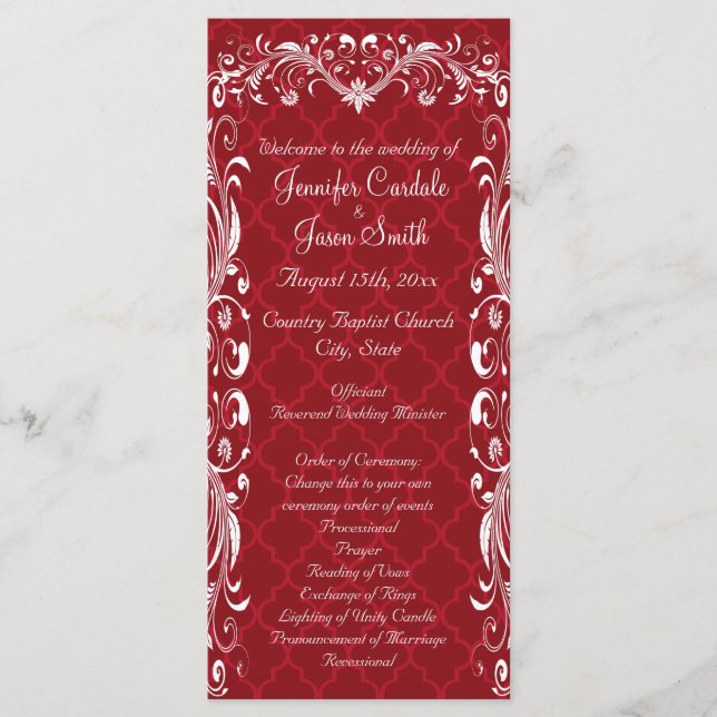 Elegante Ornate Flourish Programas de Bodas Rojas (Anverso)