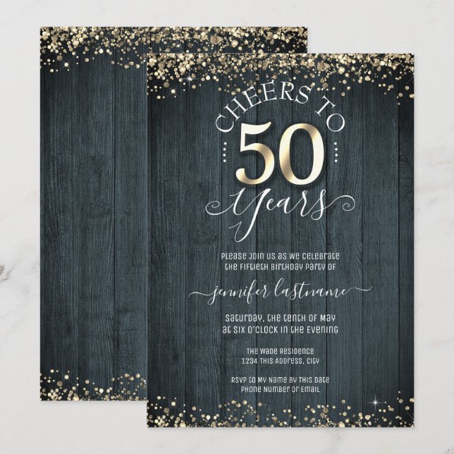 Elegante Oro 50 cumpleaños Invitación formal (Anverso / Reverso)