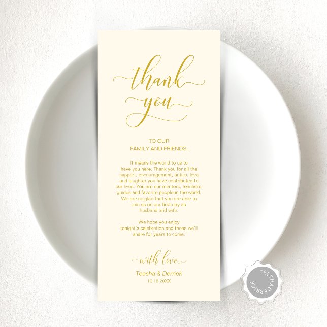 Elegante Oro Amarillo, Lugar Ajuste Tarjeta de agr (Elegant Yellow Gold, Place Setting Thank You Card, Modern Elegant Wedding Dinner Celebration)