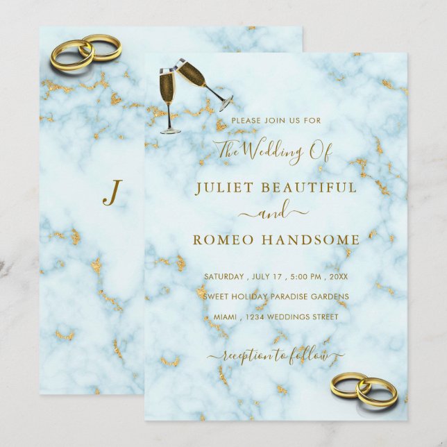 Elegante oro Anillo de Mármol Blanco Invitación a  (Anverso / Reverso)