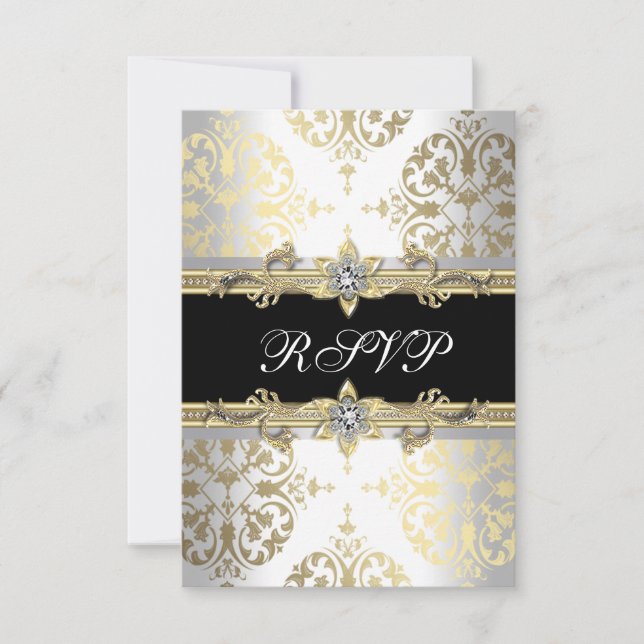 Elegante oro blanco negro Damask RSVP (Anverso)