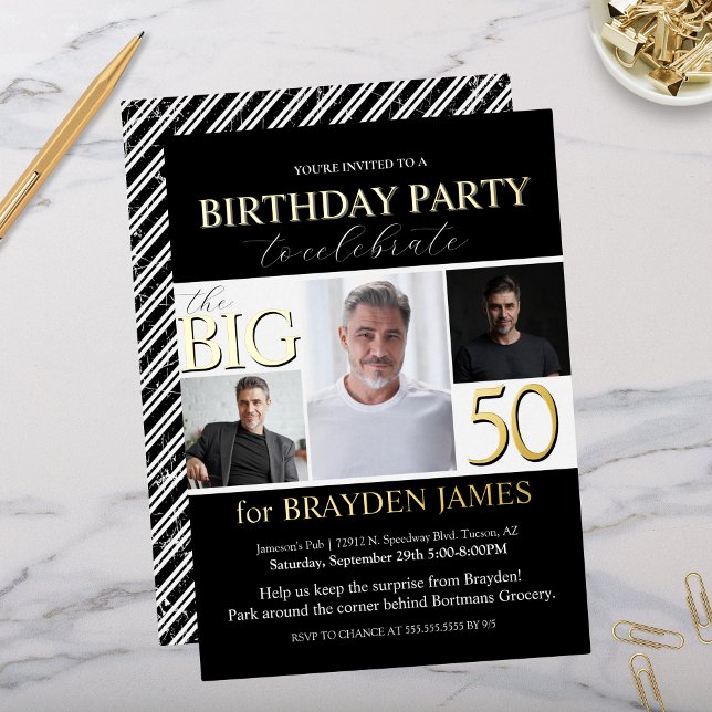 Elegante Oro Blanco Negro Invitación a los 50 años (Elegant black and white with gold foil birthday party invitation with photo collage for 50th 60th)