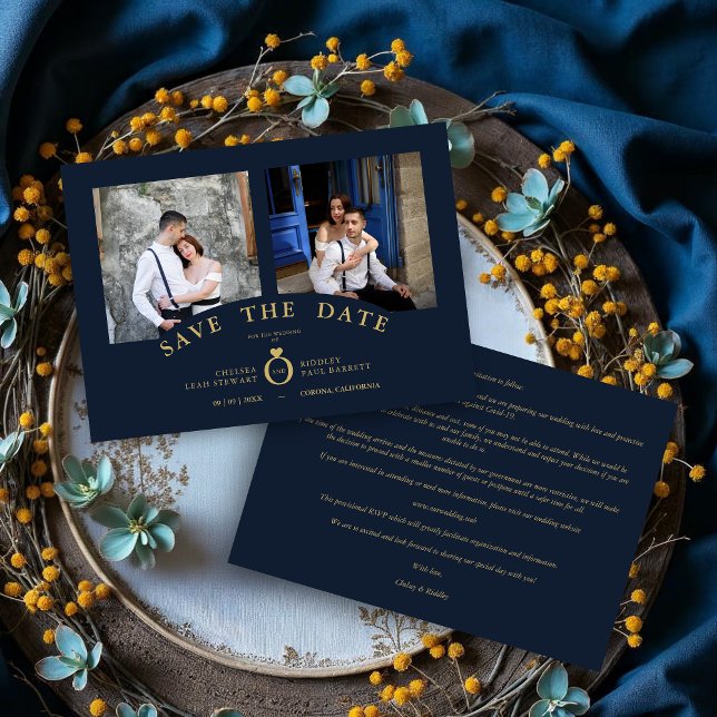 Elegante Oro de la Marina 2 Fotos Boda Sofisticada (Navy Elegant Gold 2 Photos Sophisticated Wedding Save the Date Cards.)