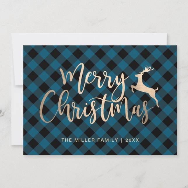 Elegante oro Feliz Navidad Negro y Blue Plaid (Anverso)