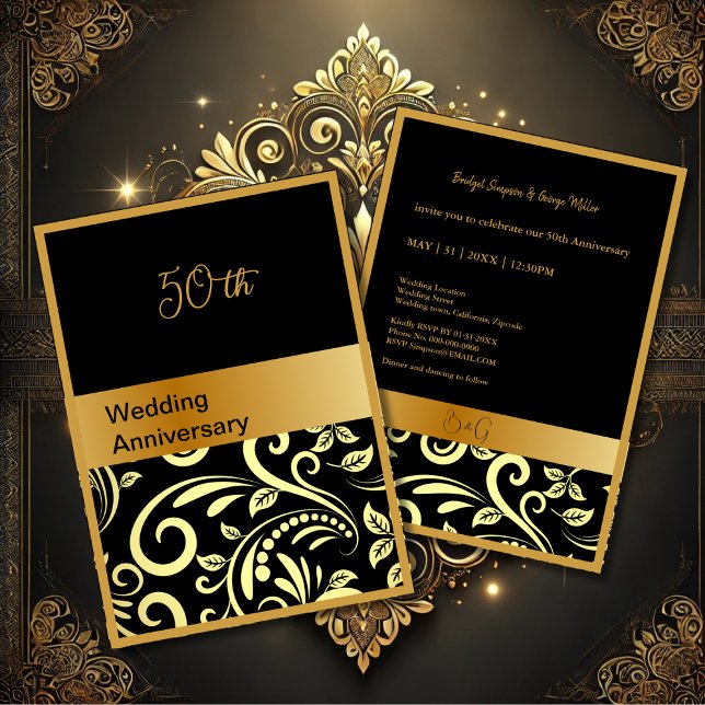 elegante oro negro 50ª tarjeta de aniversario boda (Subido por el creador)