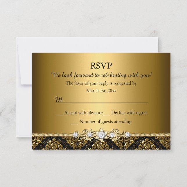 Elegante Oro & Negro RSVP Damask (Anverso)