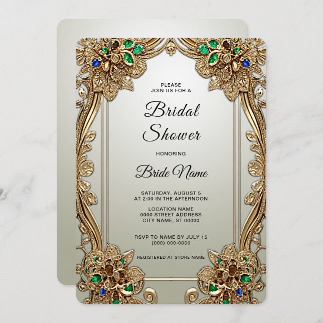 Elegante Oro Ornate Bridal Shower Invitación (Anverso / Reverso)