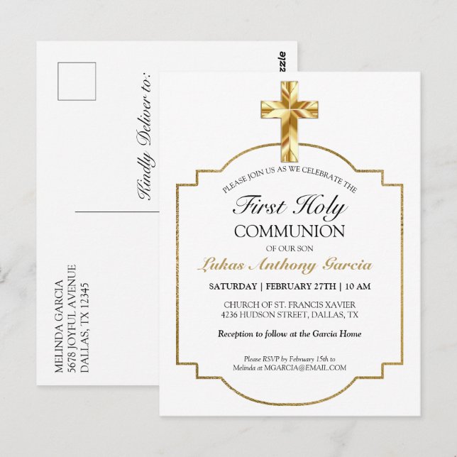 Elegante Oro Primero Invitación de la Santa Comuni (Anverso / Reverso)