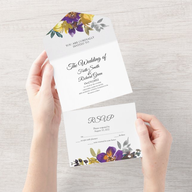 Elegante oro púrpura todo en una invitación de bod (desgarro)