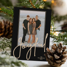 Elegante Oro SCRIPT ALEGRÍA Navidad Foto Negra