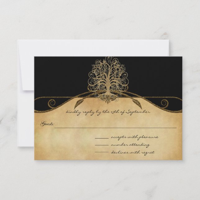 Elegante oro y boda de árbol negro RSVP (Anverso)