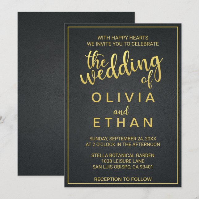 Elegante oro y negro elegante Invitación a la boda (Anverso / Reverso)