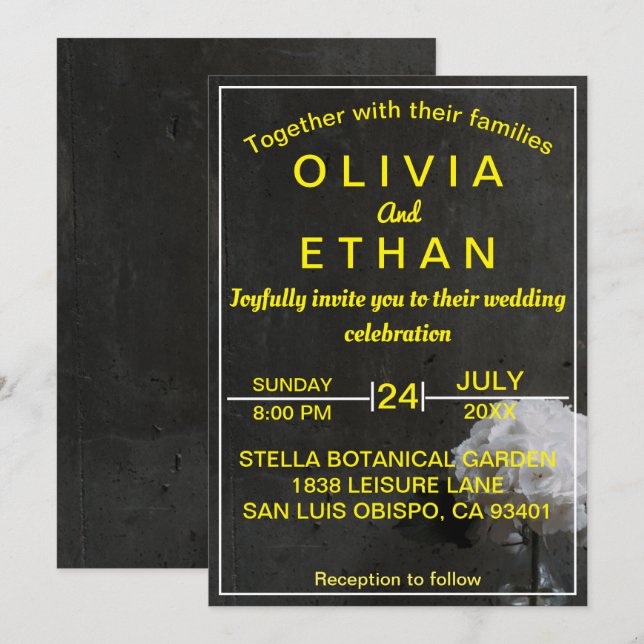 Elegante oro y negro floral Boda Invitación (Anverso / Reverso)