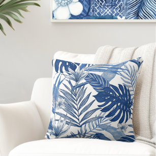 Elegante Palm Leaves Cojín decorativo Blanco Azul