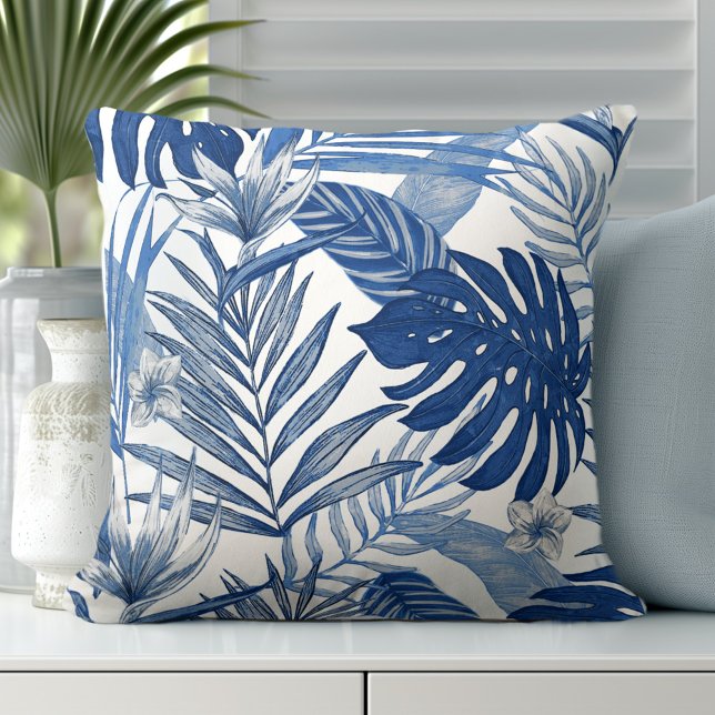 Elegante Palm Leaves Cojín decorativo Blanco Azul (Elevate Your Décor: Discover our Elegant Coastal Throw Pillows in Blue & White)