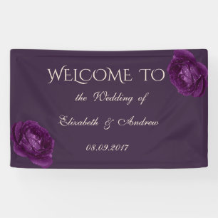 Elegante pancarta de boda con rosas púrpura románt