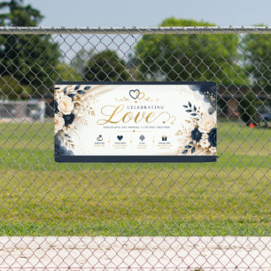 Elegante pancarta de boda floral azul marino y dor