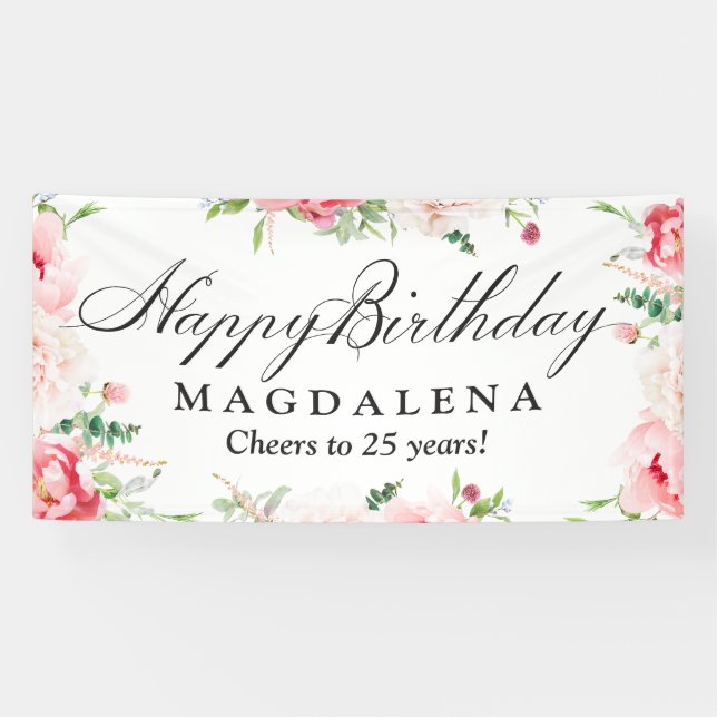 Elegante pancarta de cumpleaños 25º rosa peonía (Horizontal)