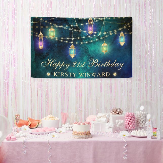 Elegante pancarta de cumpleaños con linterna árabe (Fiesta)