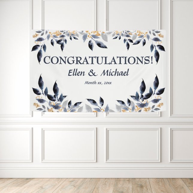 Elegante pancarta de felicitaciones de boda azul d (Wedding Congratulations Banner Elegant Blue Gold)